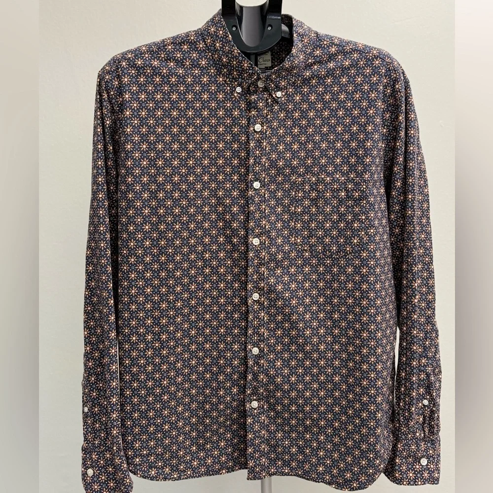 J. Crew Men's Navy and Orange Patterned Shirt Size XL Cotton